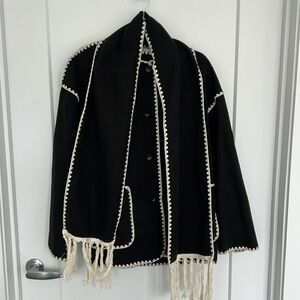 Embroidered Fringe Contrast-Trim Scarf Jacket